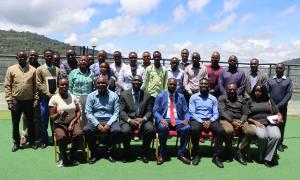 PS Joel Arumonyang (seated in red tie) and Regional Works Officer Arch Danlas Mogendi (seated right next to the PS) with Officers from Kitui, Makueni and Machakos Counties